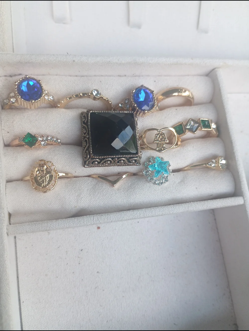 Gold Stackable Women's Ring Set with Blue and Black Gem Accents